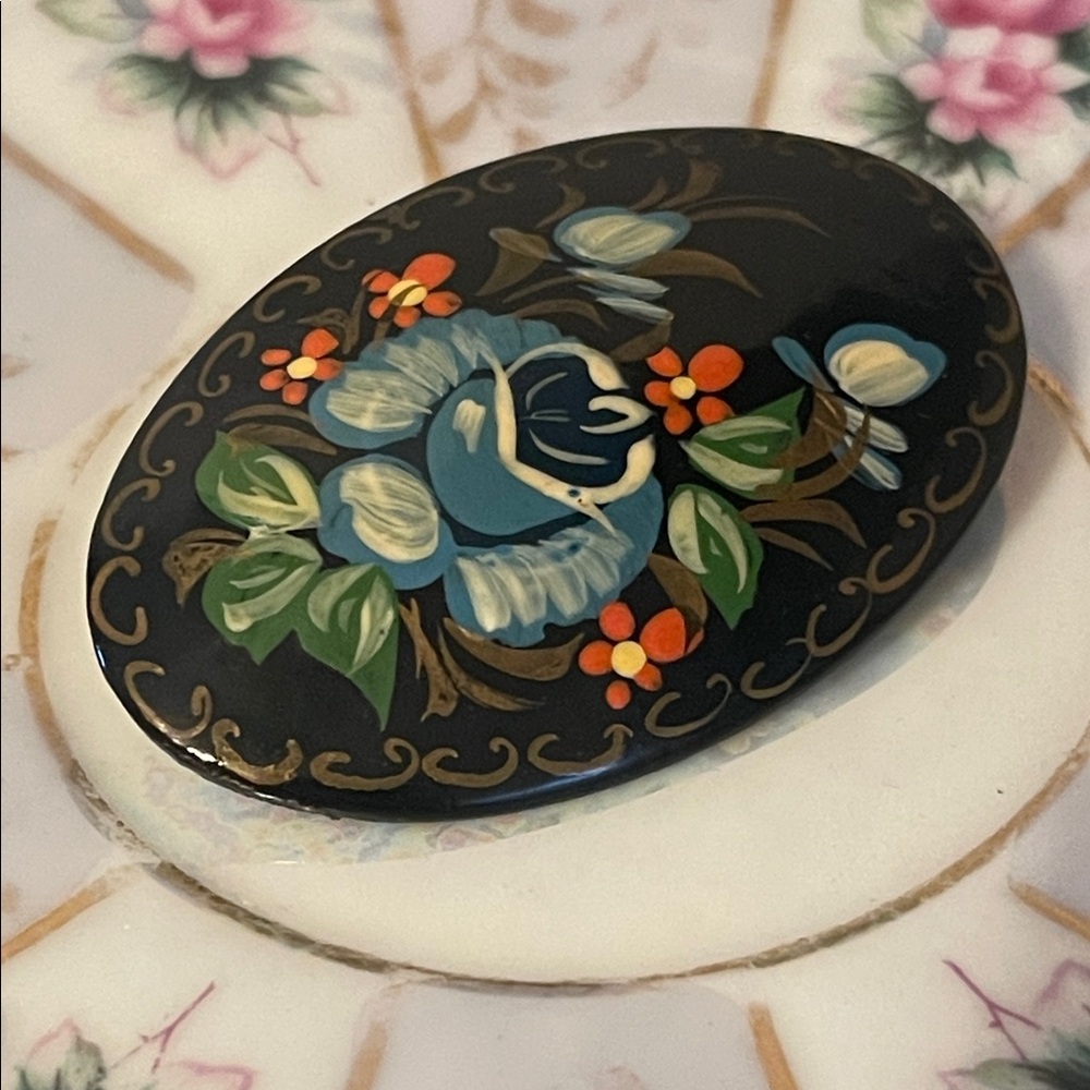 Russian Lacquered Wooden Brooch Hand-painted Signed C-Clasp